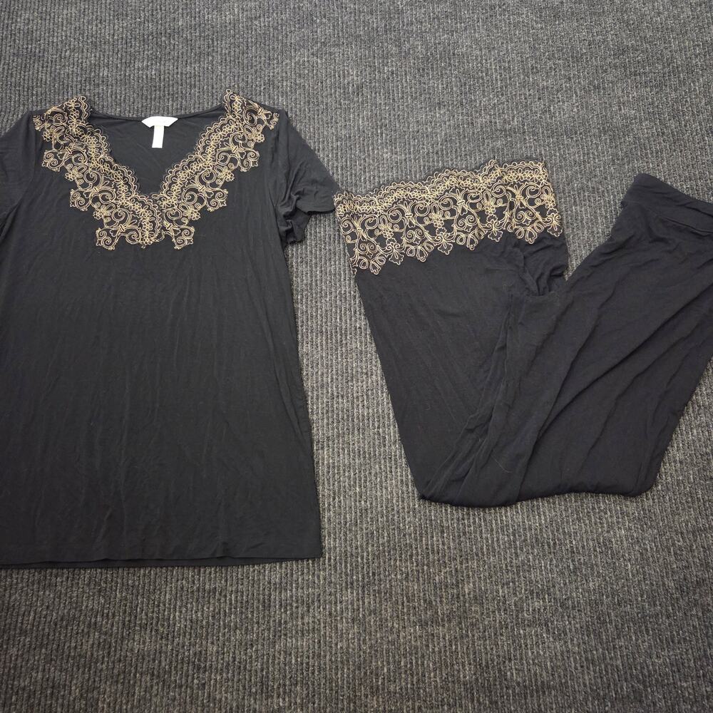 Soma Sleepwear Set Black Gold Bronze Embroidered Full Length Pants Sz M